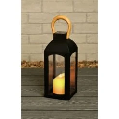 Solar Powered Wooden Effect Handle Lantern -Garden Furniture Sales 393040 solar powered wooden effect handle lantern with flame effect candle
