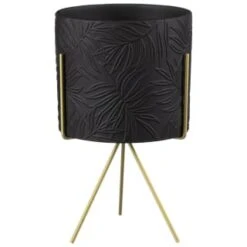 B&M Leaf Embossed Planter On Gold Stand - Black